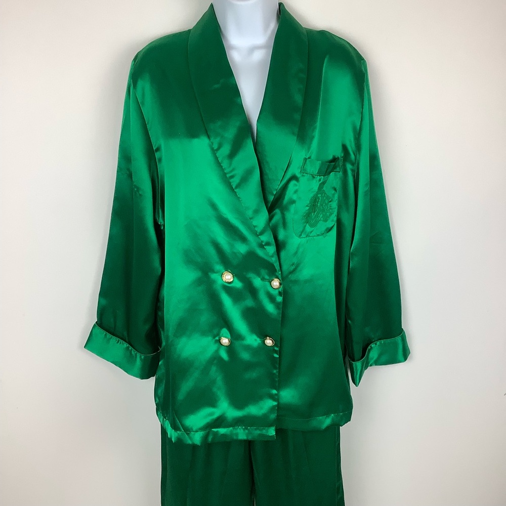Victoria’s Secret Gold Label Vintage Emerald Green Silky Satin Pajama Set Medium
